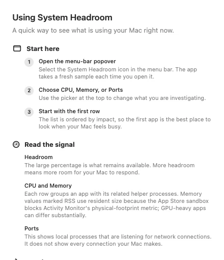 System Headroom Help window explaining headroom, RSS memory, and local ports.