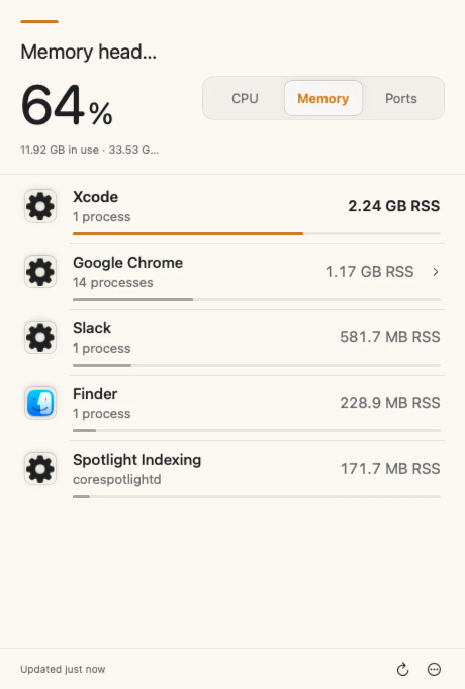 System Headroom Memory view with per-app values labeled RSS.