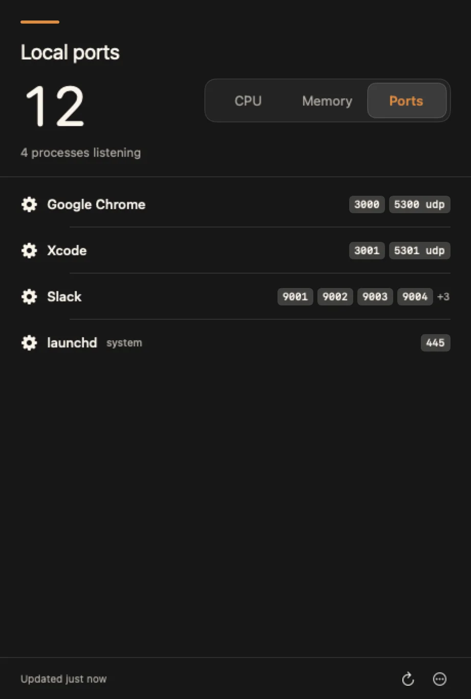 System Headroom Ports view listing local TCP and UDP listeners by app.