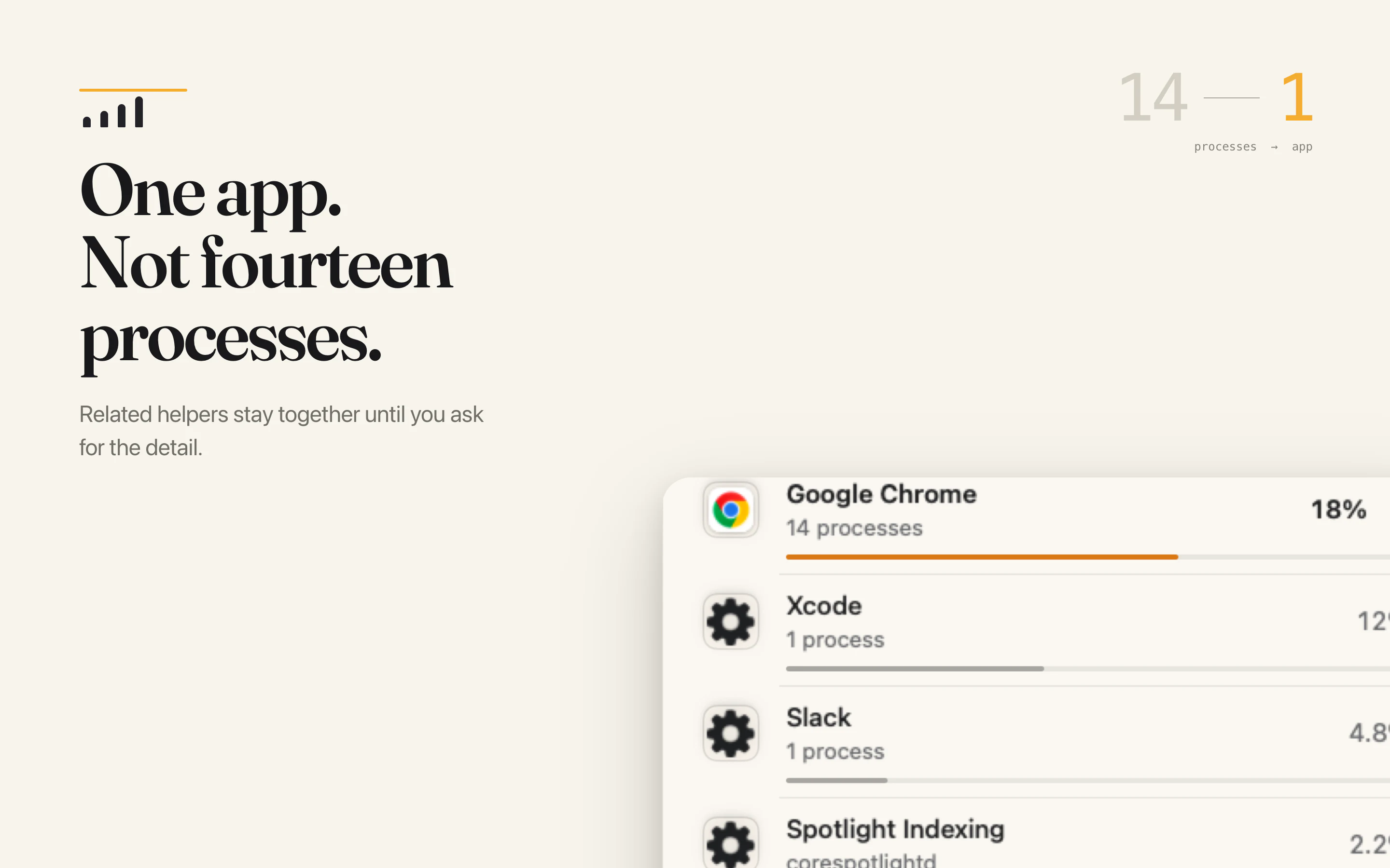 Fourteen related processes consolidated into one Google Chrome row.